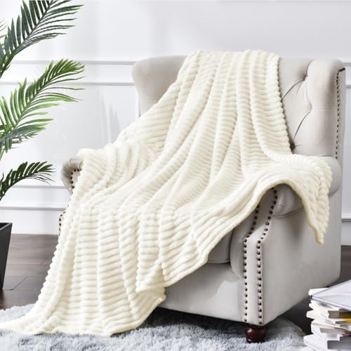 BEDELITE Ribbed Jacquard Cream Fleece Throw Blanket for Couch, 50x70