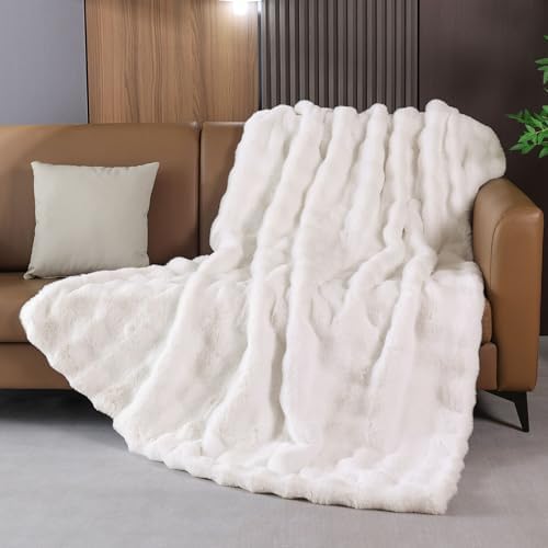 Cream Beige Faux Fur Throw Blanket for Couch, Snuggly Double-Sided