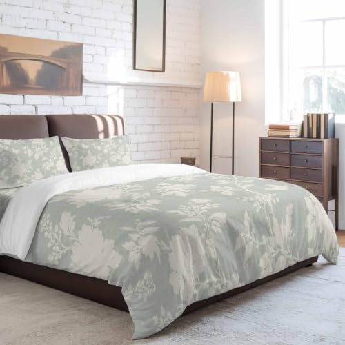 Duvet Cover Set Queen Size, Vintage Beige Flower Silhouette Comforter