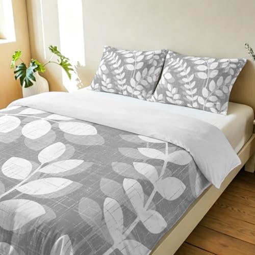 3 Pieces Bedding Set King Size, Gray Leaves Soft Duvet Covers Set with