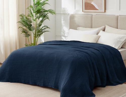 100% Cotton Muslin Blanket for Adults, 6-Layer, Queen, 90 x 90, Navy