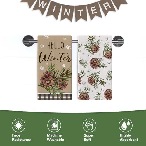 Hello Winter Brown Kitchen Dish Towel, Pine Cones Branches Snowflakes
