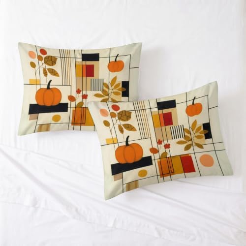King Duvet Cover Set Geometric Grid Autumn Pumpkin Bedding with