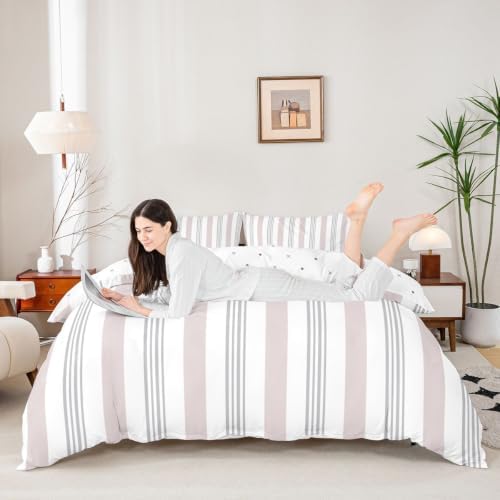 Feelyou Gray Stripes Duvet Cover King Size Boys Girls Geometric