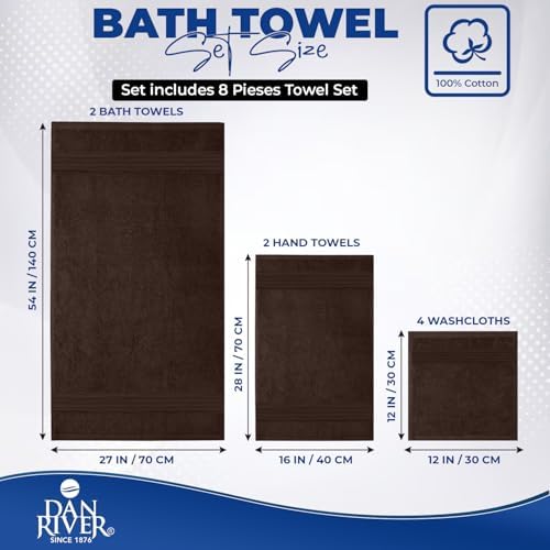 DAN RIVER 8 Piece Luxury Bath Towels for Bathroom, Towel Set, Brown
