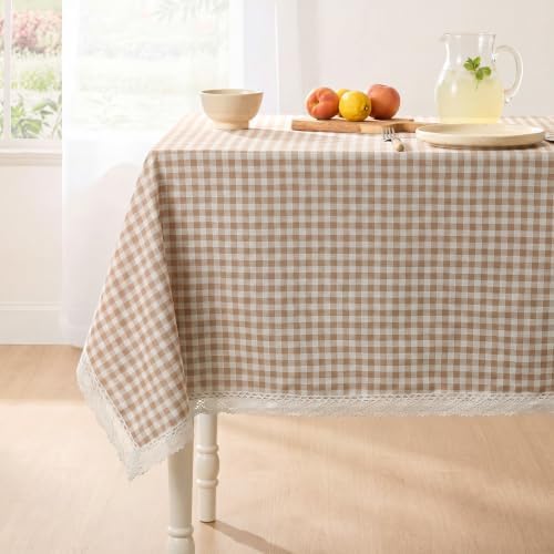 Moukeren 52 x 70 Inch Taupe and White Gingham Tablecloth with Lace