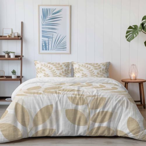 Beige Leaves Queen Size 4 Piece Duvet Cover Set, Summer Farmhouse