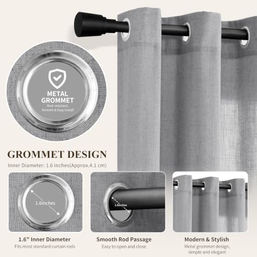Hokibero Grey Grommet Linen Curtains 63 Inches Long for Living Room