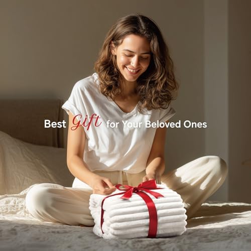 INFIIXSO Striped Sherpa Throw Blanket for Couch, Warm Plush, White