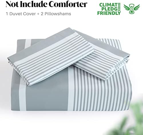 CozyDH Grey White Duvet Cover Set King Size, Modern Striped, 100%