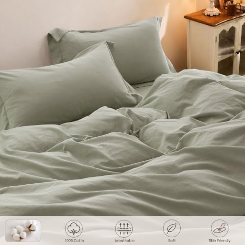 Duvet Cover Set Washed Cotton Embroidered Hem Queen 3‐Pcs
