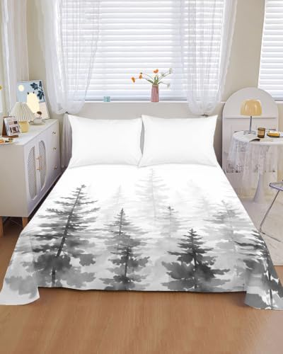 Cal King Size Flat Sheet Only, Winter Forest Gray Trees Bed Top Sheet