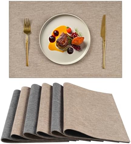 6 Pack Dual Layer Placemats for Dining Table - 19x13 Inch Linen-Like