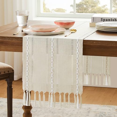 Hemstitched Farmhouse Table Runner, Beige 13x36 Inch, Cotton Linen