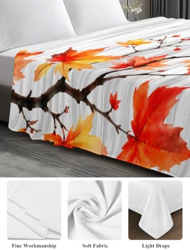 Cal King Size Flat Sheet Only, Autumn Watercolor Maple Leaves Bed Top