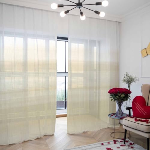 Beige White Sheer Curtains 108 Inch Long 2 Panels Light Filtering