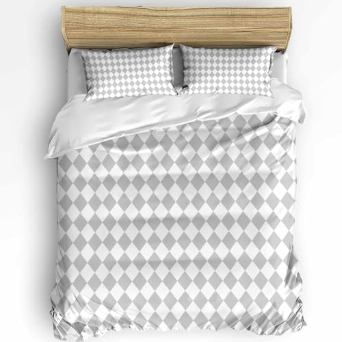 Duvet Cover Set Queen, Abstract Gray White Plaid 3 Piece Bedding Set