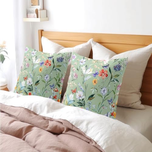 Spring Pillow Covers 22x22 Inch Set of 2 Sage Green Butterfly Flower