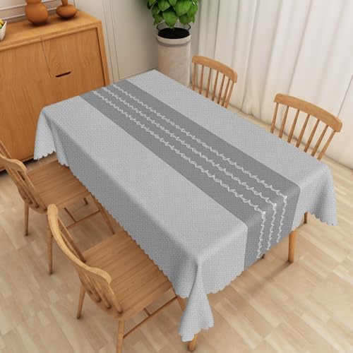 Grey Linen Tablecloth 60x120 Inch Farmhouse Gray Geometric Lines
