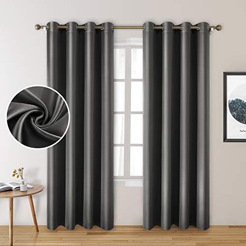 HOMEIDEAS Faux Silk Dark Grey Blackout Curtains 52W x 96L 2 Panels