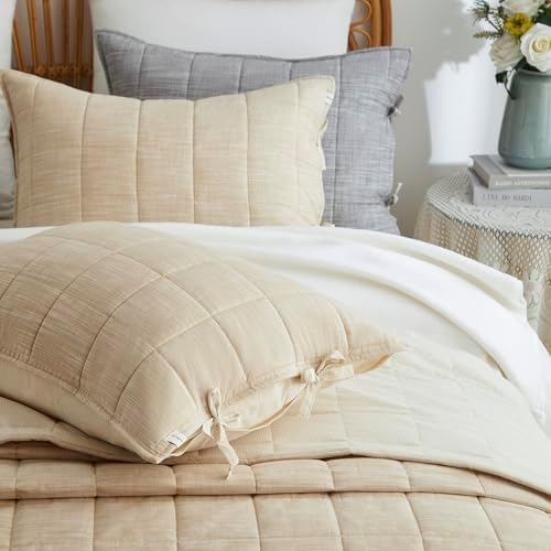 Beige Quilts Queen Size 3 Pieces Cotton Queen Quilt Set