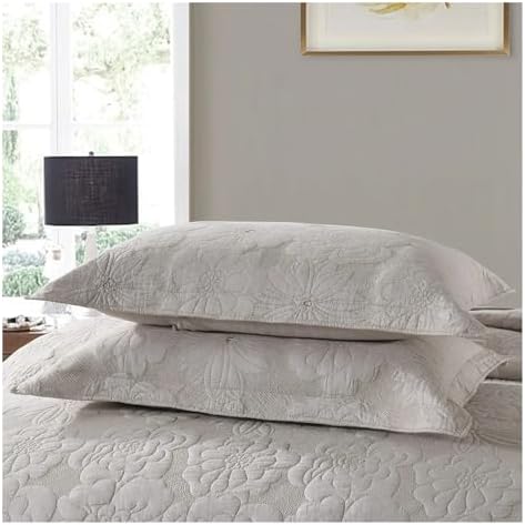 UOIO Quilted Cotton Bedspread Set Beige Embroidered Chic Floral Duvet