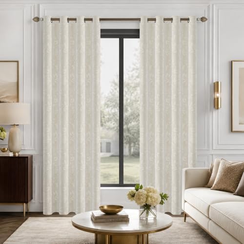 Floral Jacquard Cream Blackout Curtains for Bedroom 108 Inch Long 2