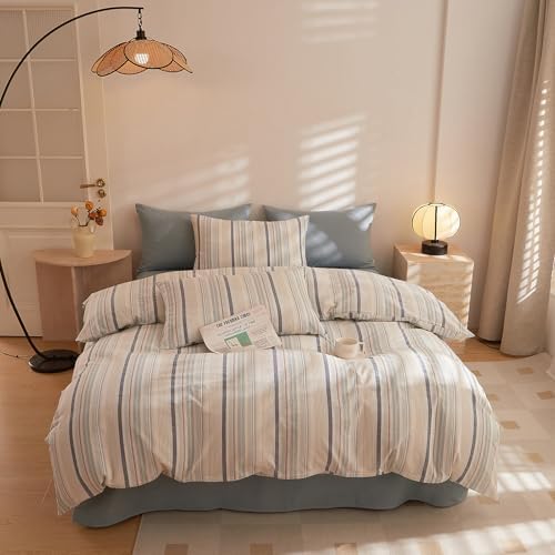 HighBuy Blue Grey Striped Duvet Cover Set King 100% Washed Cotton