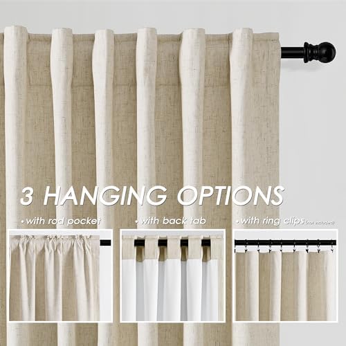 Beige 100% Blackout Linen Curtains for Bedroom 120 Inches Long Back