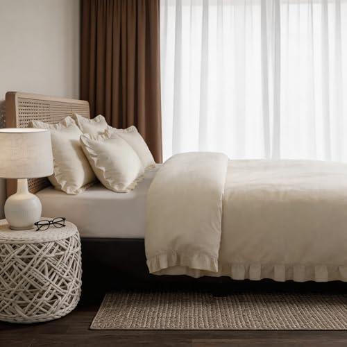 100% French Linen Ruffle Duvet Cover Set 3pcs, Soft Breathable Natural