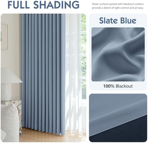 FMFUNCTEX 100% Blackout Slate Blue Curtains 96 Inches for Bedroom, 2