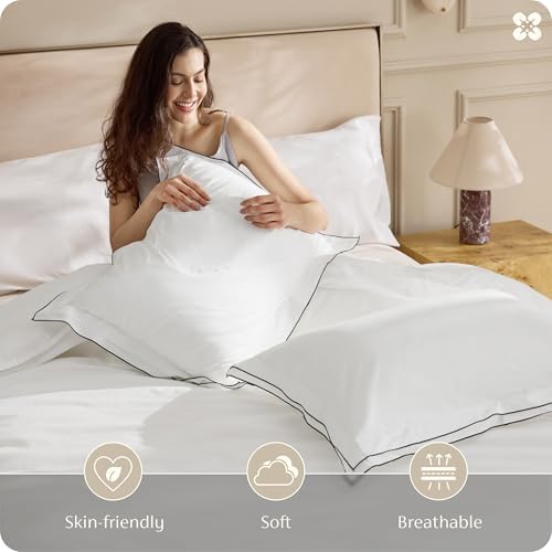 Bedsure PureWoven 100% Cotton Percale Duvet Cover Queen, Leaf Edge