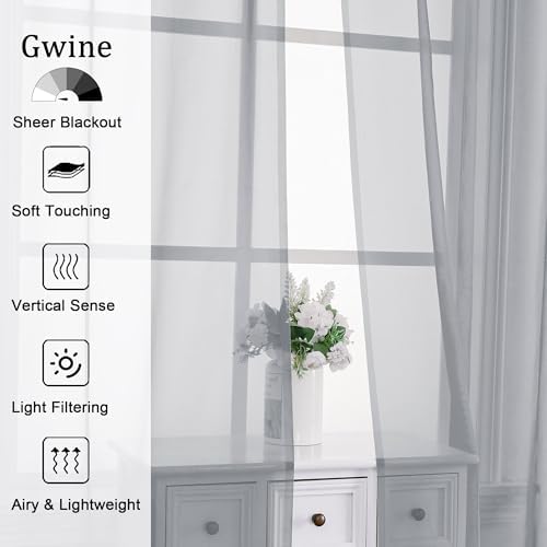 Gwine Light Grey Sheer Curtains 63 Inch Length 2 Panels for Living