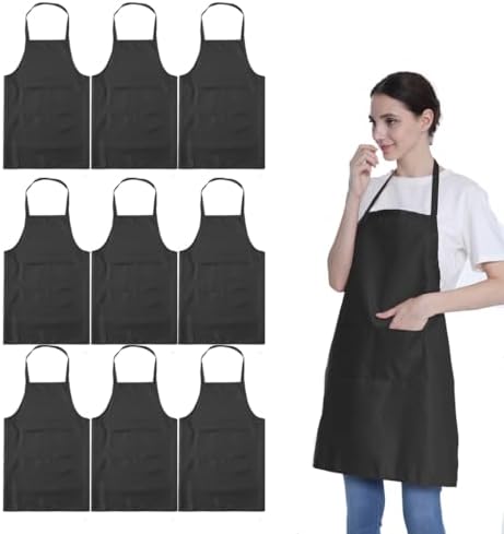 9 Pieces Black Aprons Bulk for Wowen Men Adult Unisex with 2 Pockets