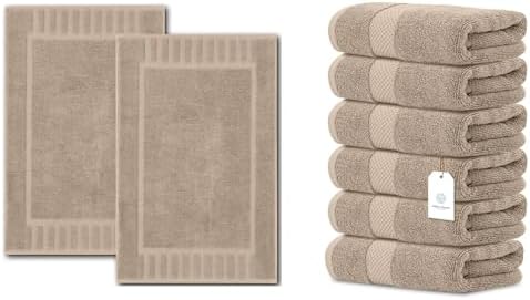 White Classic 2 Luxury Taupe Bath Mats 22 x 34 and 6 Luxury Taupe Hand