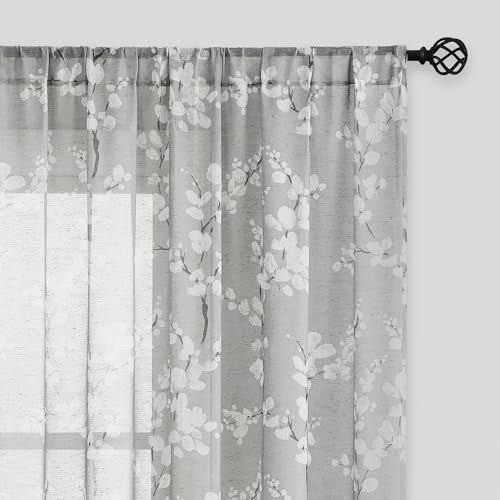 FMFUNCTEX Linen Sheer Blossom Floral Print Curtains Grey 63 Inch 2