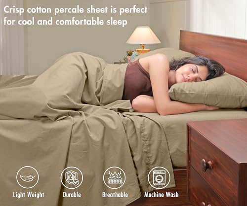 RUVANTI 100% Cotton Full Sheet Set, Percale Full Size Sheets, Olive