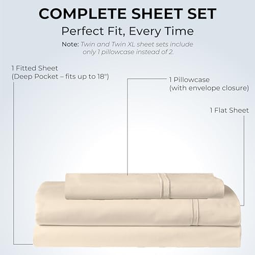 Twin Sheet Set, 500 TC Single-Ply Cotton Sateen, 3-Piece, Cream Beige