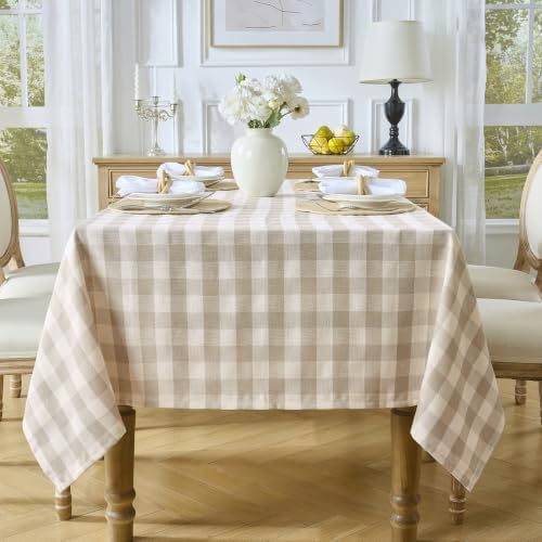 Beige Gingham Tablecloth, 60 x 60 Inch Square, Checkered Tablecloth