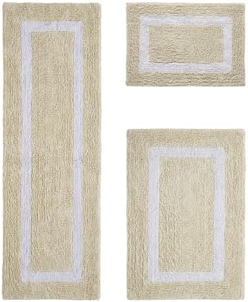 TRP Tufted Cotton Sand White Bathroom Rugs Sets 3 Piece