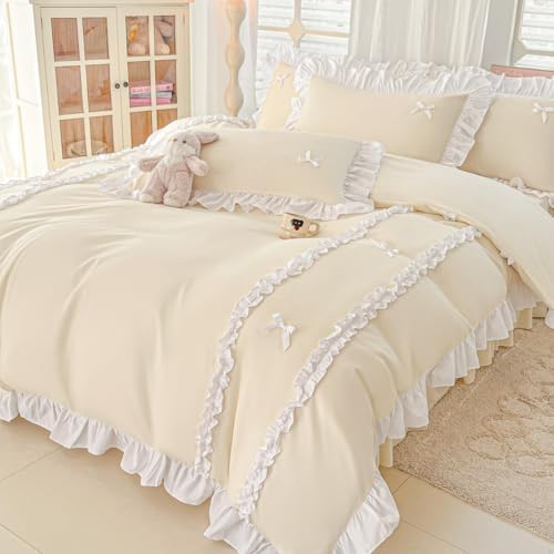 IHOUSTRIY Ruffle Duvet Cover Full Size, Cute Bedding Set Set with Bow