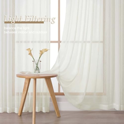 OVZME Ivory Sheer Curtains 96 Inches Long 2 Panels Set, Farmhouse