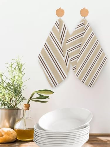 Beige Striped Dish Towels Set, Waffle Weave Kitchen Towels 3 Pieces