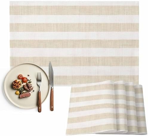 Placemats Set of 6, Beige Stripe Cotton Linen Place Mats, Vintage