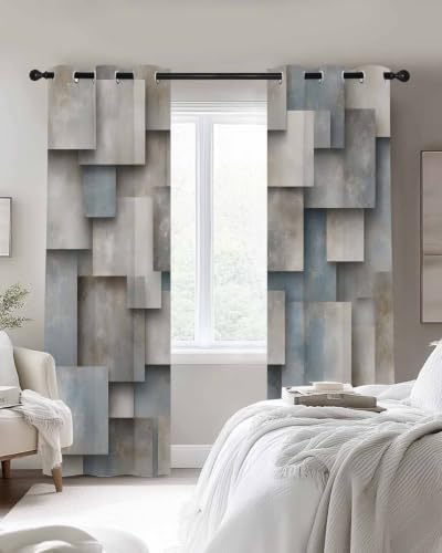 Abstract Block Blackout Curtains 2 Panels Set Minimalist Beige Gray