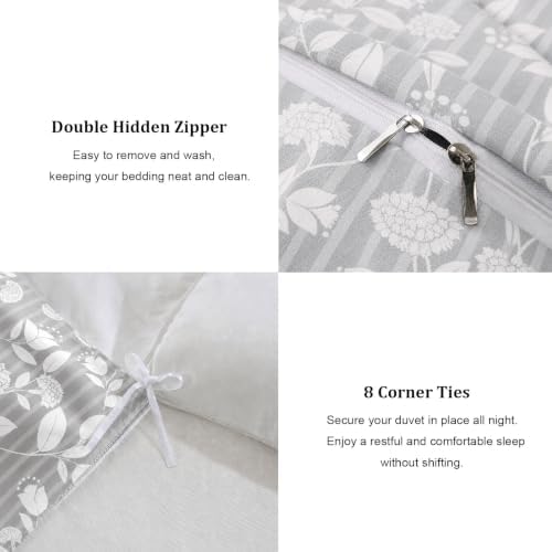 Gray Floral Duvet Cover Set King Size, Light Gray Leaf Floral Stripe