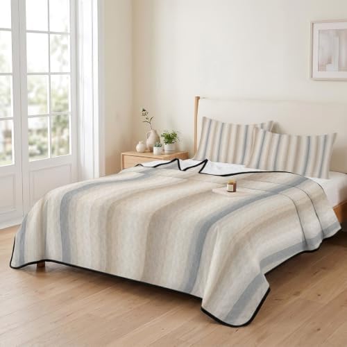 Brown Gray Striped Queen Size Down Alternative Comforter, Lightweight