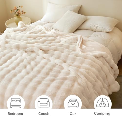 LIFEREVO Fluffy Faux Rabbit Fur King Size Bed Blanket 104x90, Beige