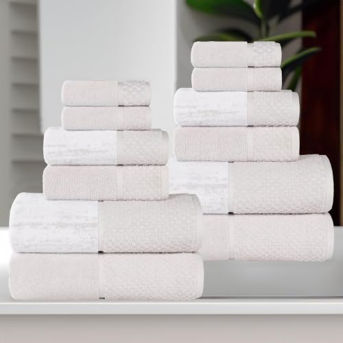 SUPERIOR Cotton Bathroom Towel Set, Plush Absorbent, 12 Piece, Stone