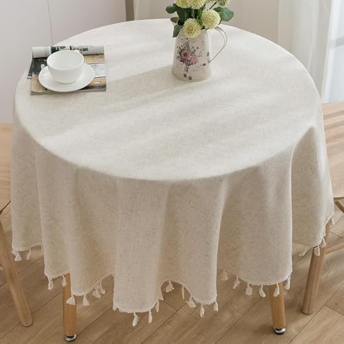 Cotton Linen Round Tablecloth, Farmhouse Dust-Proof,Soft and Wrinkle